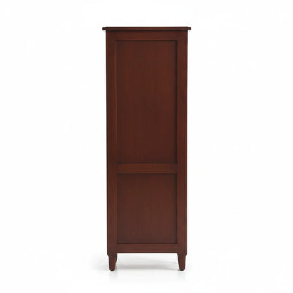 WOOD CURLS tall solid Sheesham wood bookcase in honey oak finish, viewed from the back against a white background.