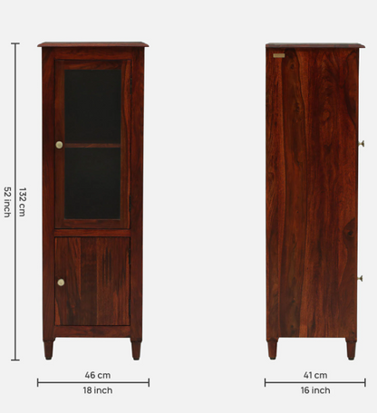 WOOD CURLS solid Sheesham wood bookcase in honey oak finish with a glass door and lower storage cabinet.