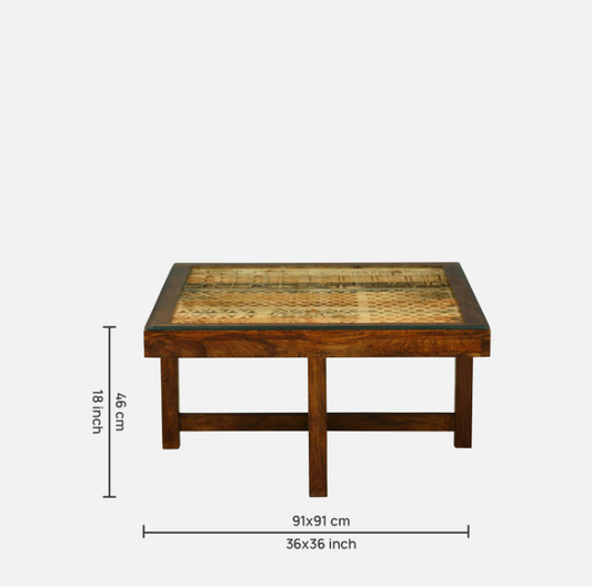 Wooden table with dimensions displayed on a white background