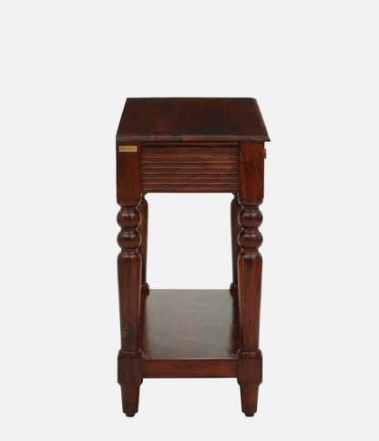 WOOD CURLS Aurea solid Sheesham wood console table in honey oak finish with turned legs and side view profile
