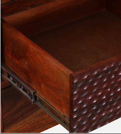 WOOD CURLS Linea 6 drawer chest in solid Sheesham wood with a textured honey oak finish drawer front