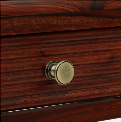 WOOD CURLS solid Sheesham wood writing table drawer with a vintage brass-finished knob and honey oak finish.