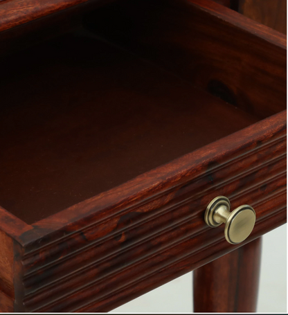 WOOD CURLS Aurea console table drawer in solid Sheesham wood with a honey oak finish and brass knob