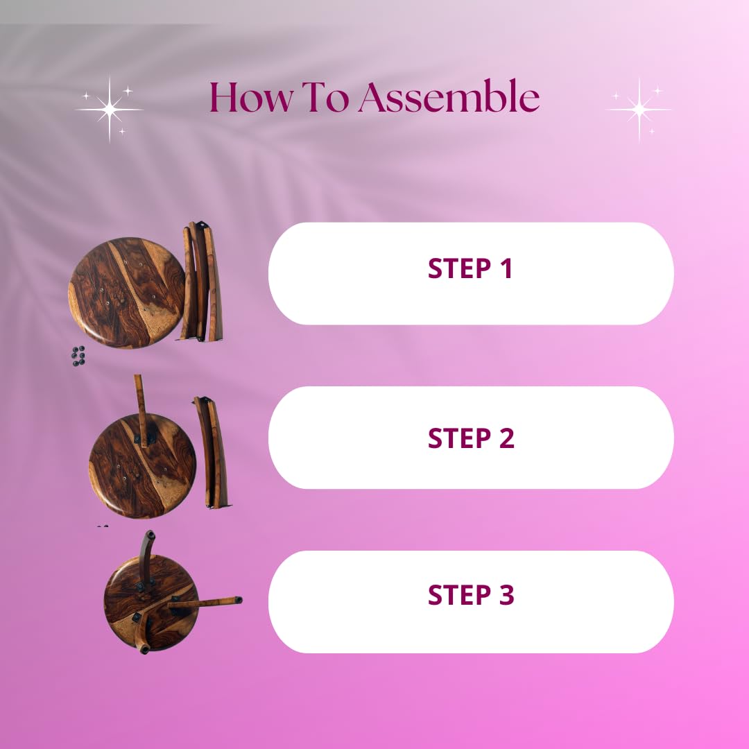 WOOD CURLS assembly guide for a round Sheesham wood end table showing three steps to attach legs to the tabletop.