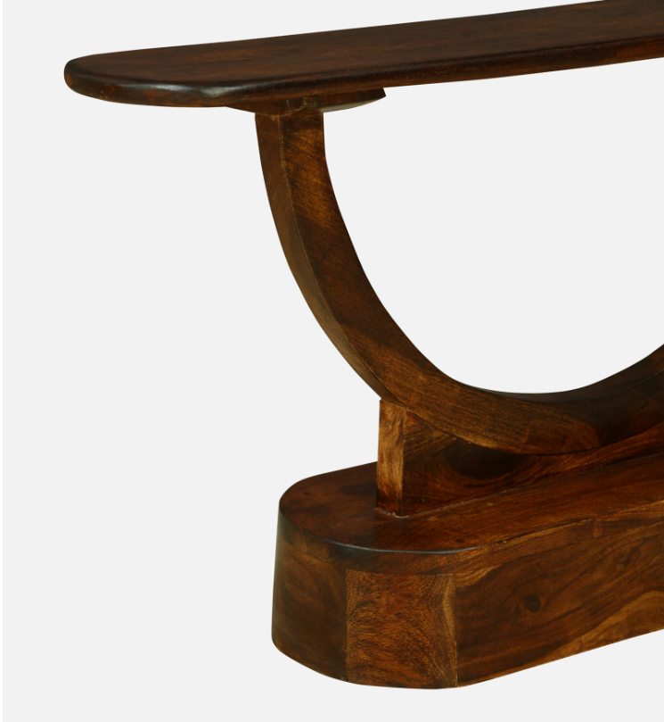 WOOD CURLS Curvea end table in solid Sheesham wood with a rich walnut finish and elegant curved pedestal base