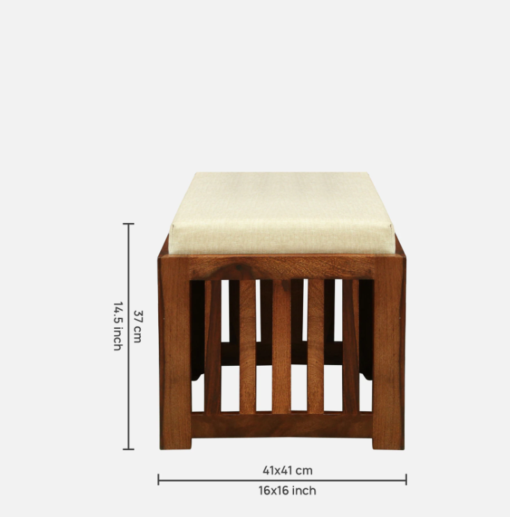 Wooden stool with a cream cushion, shown with dimensions on a white background