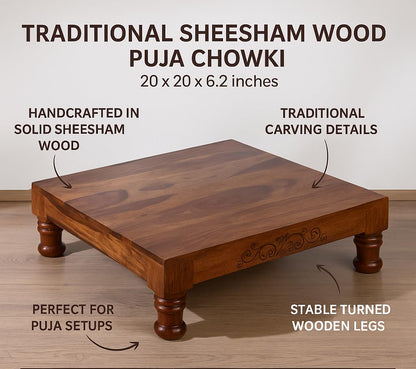 WOOD CURLS handcrafted Sheesham wood puja chowki with traditional carved legs for home temple and prayer rituals.