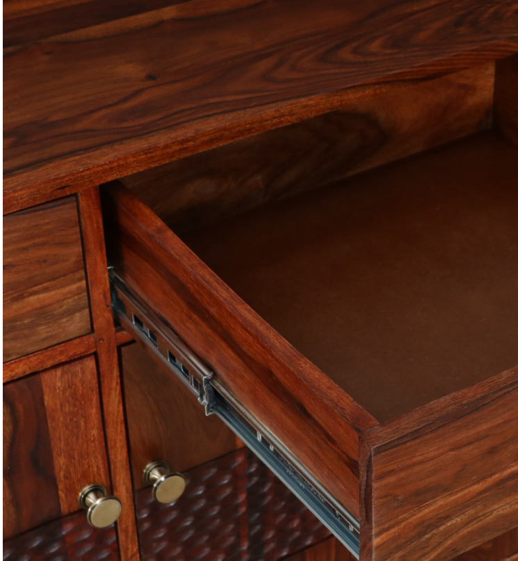 WOOD CURLS Elyssian Sheesham wood sideboard drawer detail showing honey oak grain and smooth metal drawer runners