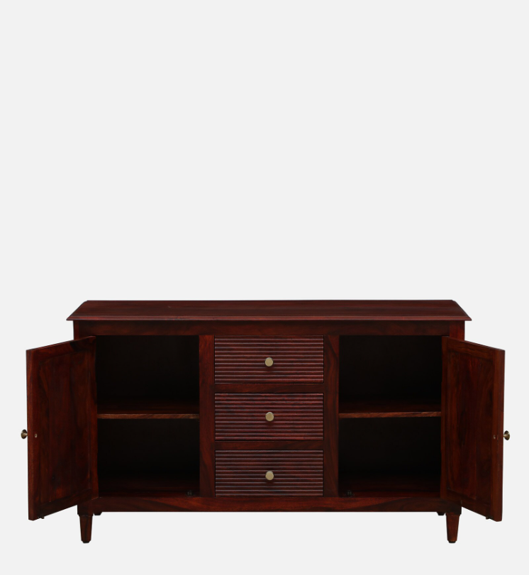 WOOD CURLS Verona sideboard in honey oak finish with open cabinet doors and three ribbed drawers on tapered legs.