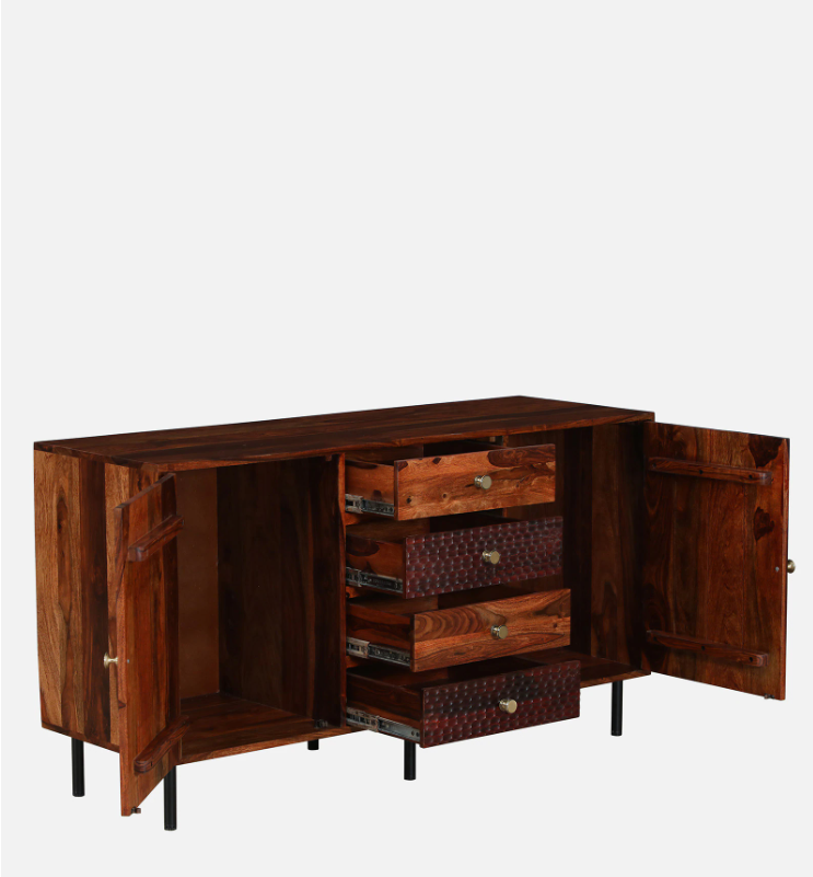 Wooden sideboard with open doors on a white background