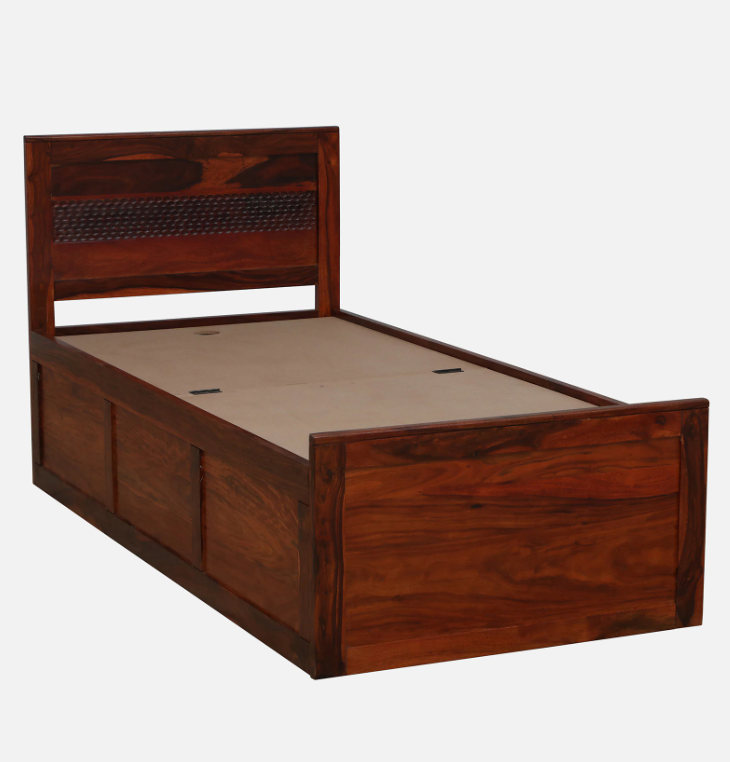 Sheesham wood single bed with box storage honey oak finish

Solid wood single bed with storage for bedroom

Honey oak finish wooden single bed frame

Storage compartment inside Sheesham wood bed