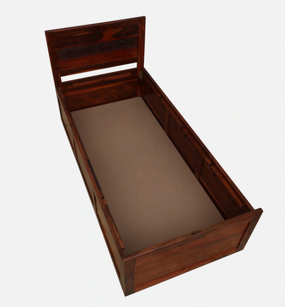 Sheesham wood single bed with box storage honey oak finish

Solid wood single bed with storage for bedroom

Honey oak finish wooden single bed frame

Storage compartment inside Sheesham wood bed