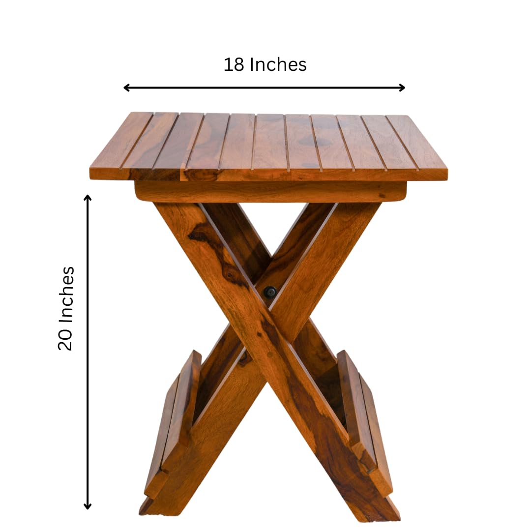 WOOD CURLS Nova square coffee table in natural Sheesham wood with a folding X-frame base and slatted tabletop.
