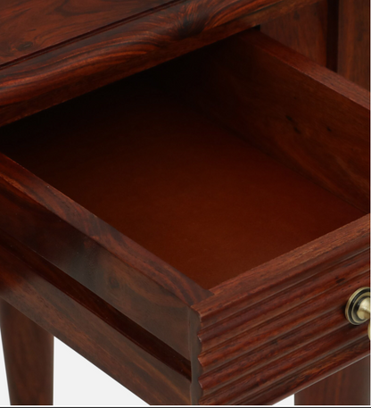 WOOD CURLS Sheesham wood writing table drawer in a warm honey oak finish with an elegant brass knob