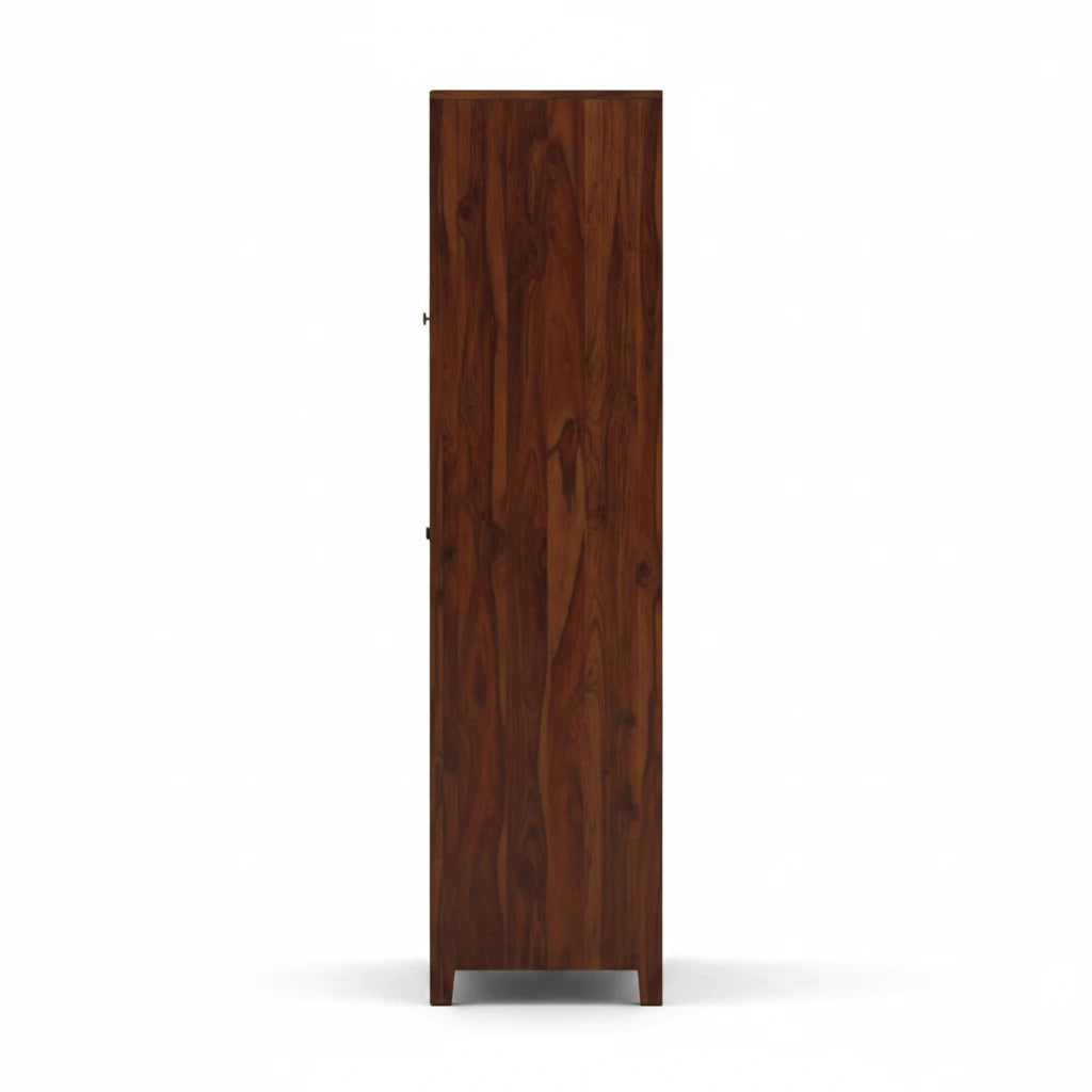 WOOD CURLS Elyssian one-door wardrobe in solid Sheesham wood with a rich honey oak finish, side view.