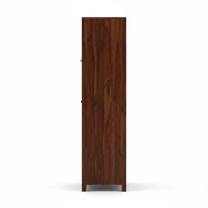 WOOD CURLS Elyssian one-door wardrobe in solid Sheesham wood with a rich honey oak finish, side view.