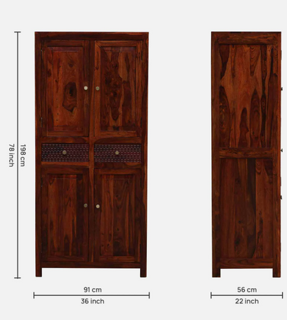 Wooden wardrobe with dimensions indicated on a white background