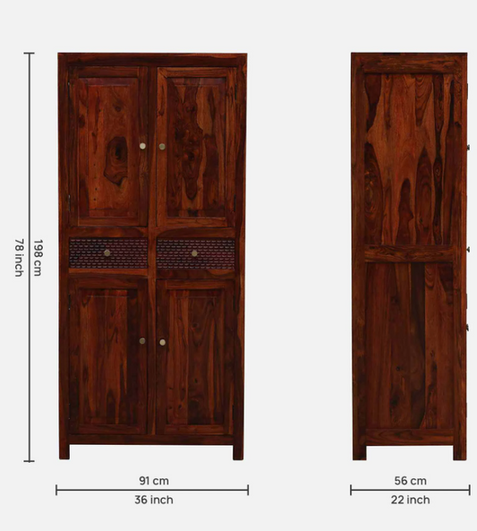 Wooden wardrobe with dimensions indicated on a white background