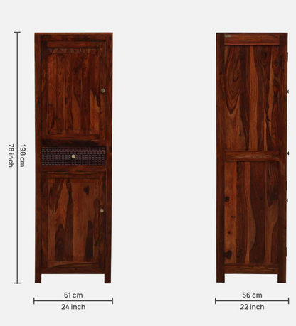 WOOD CURLS Elyssian 1-door wardrobe in solid Sheesham wood with a honey oak finish, featuring a drawer and shelves.