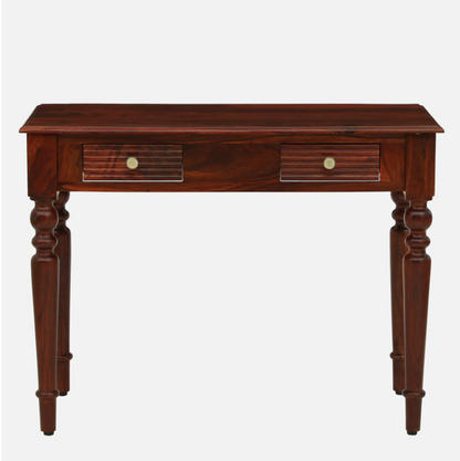 WOOD CURLS solid Sheesham wood writing table in honey oak finish with two drawers and elegant turned legs