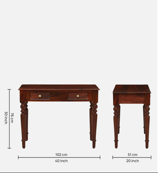 WOOD CURLS solid Sheesham wood writing table in honey oak finish with two drawers and vintage turned legs