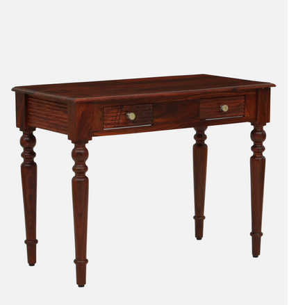 WOOD CURLS artisan writing table in solid Sheesham wood with a honey oak finish, two drawers, and turned legs.