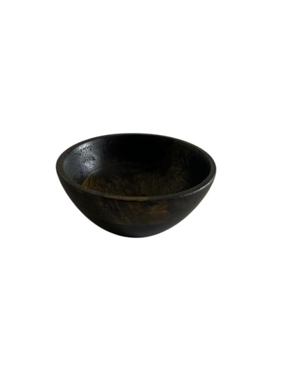 WOOD CURLS small round serving bowl crafted from dark brown mango wood with a smooth finish for snacks or dips.