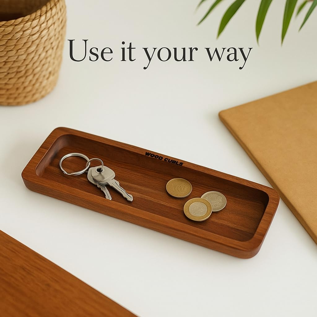 WOOD CURLS minimalist solid acacia wood desk organizer tray holding keys and coins on a white workspace surface