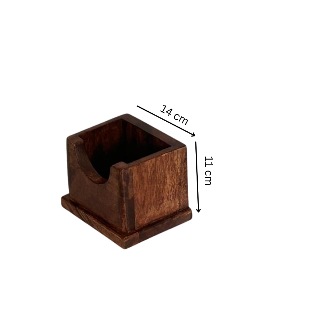 WOOD CURLS solid wood pencil holder with a natural dark finish, compact square design for desk organization.