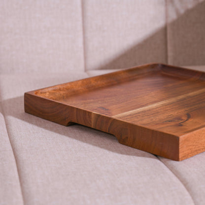 WOOD CURLS square mango wood serving platter with a natural grain finish, displayed on a neutral fabric surface.