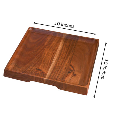 WOOD CURLS 10x10 inch square mango wood serving platter with a natural grain finish for snacks and appetizers.