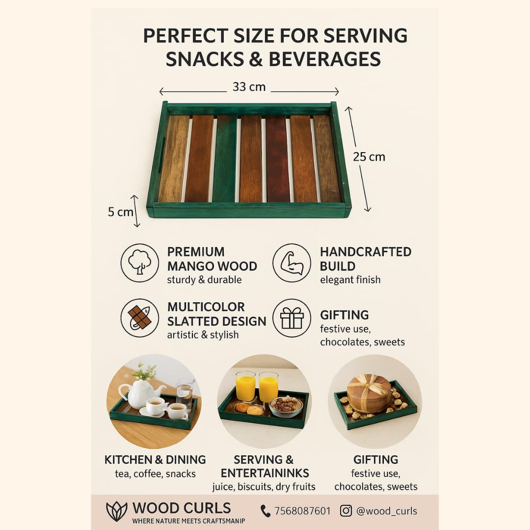 WOOD CURLS handcrafted rectangular mango wood serving tray with teal finish and slatted design for kitchen and dining.
