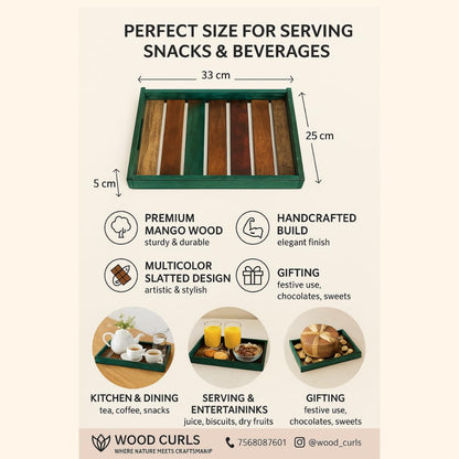 WOOD CURLS handcrafted rectangular mango wood serving tray with teal finish and slatted design for kitchen and dining.
