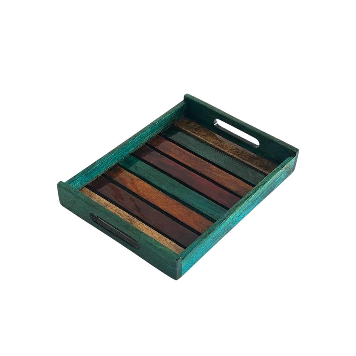 WOOD CURLS handcrafted rectangular mango wood serving tray with a teal finish and slatted multicolor base
