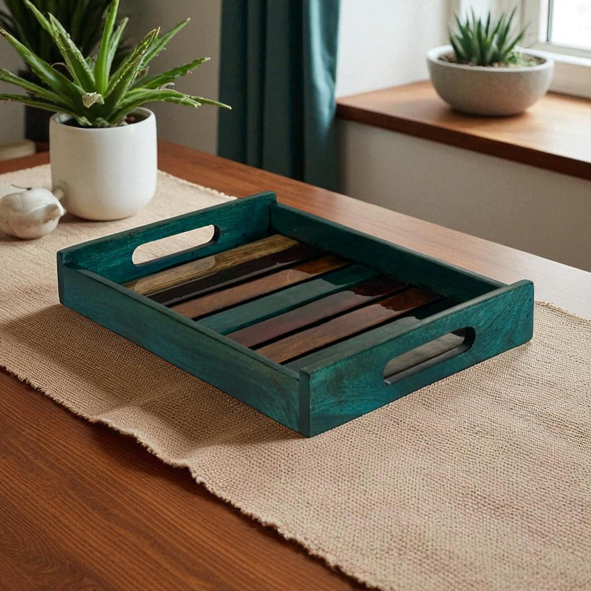 WOOD CURLS handcrafted rectangular mango wood serving tray in teal with a slatted base and integrated handles.