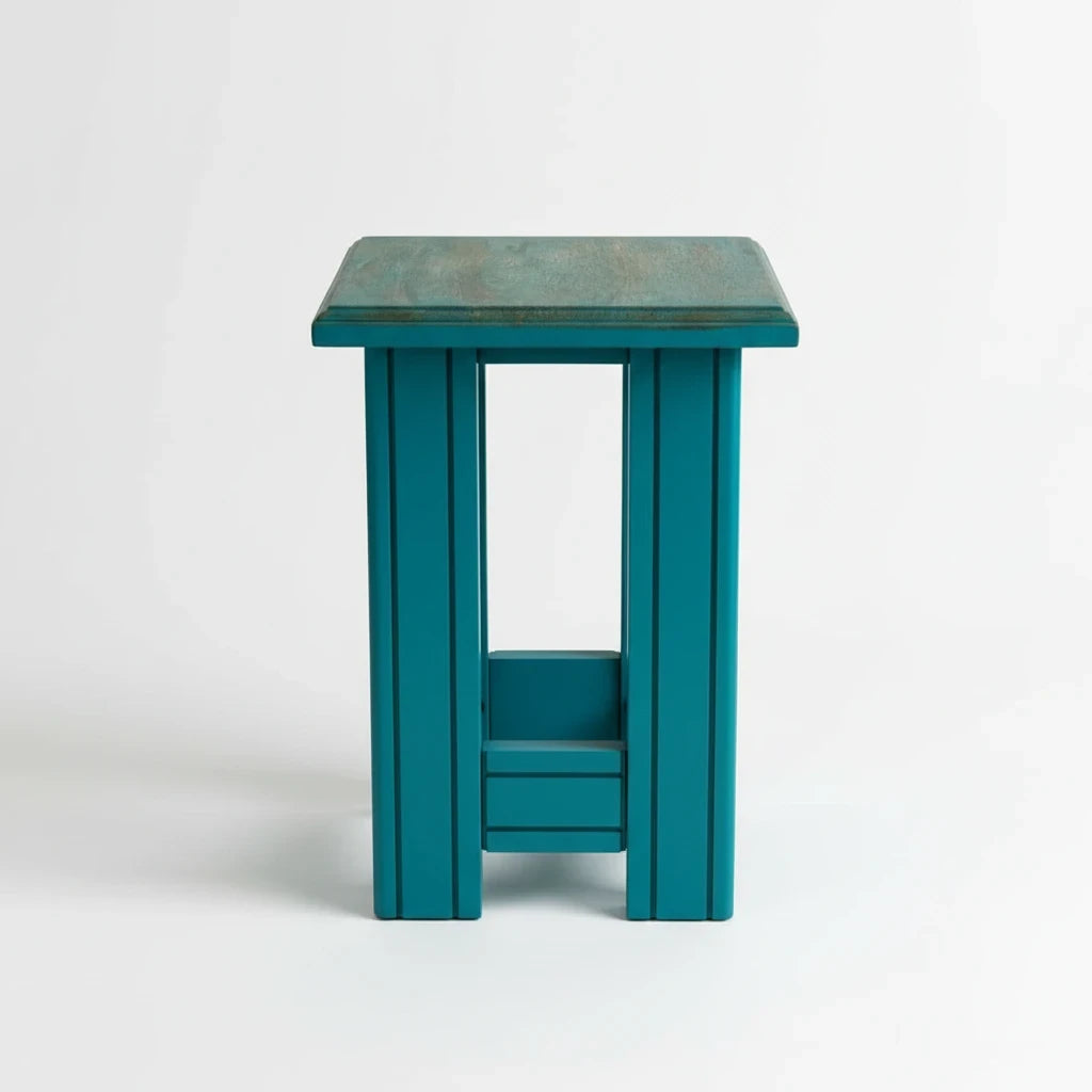WOOD CURLS rustic solid wood end table in teal with a square top, serving as a versatile side table or peg stool.