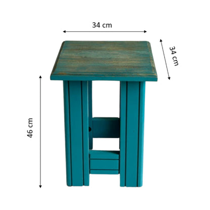 WOOD CURLS rustic teal solid wood end table with square top and sturdy base, shown with height and width dimensions.
