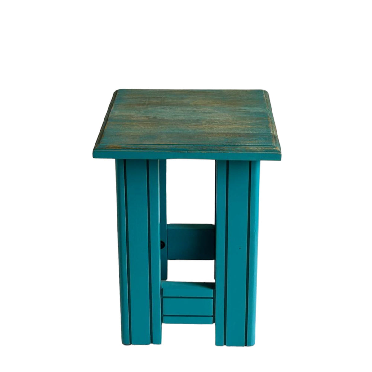 WOOD CURLS rustic solid wood end table in teal with a distressed finish, functioning as a side table or peg stool.