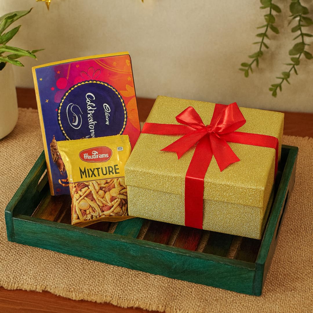 WOOD CURLS handcrafted teal mango wood serving tray holding a gift box and snacks on a rustic table