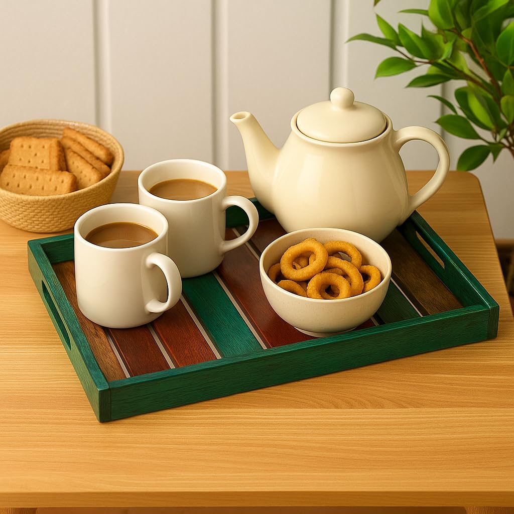WOOD CURLS handcrafted rectangular mango wood serving tray in teal with a slatted design holding tea and snacks.