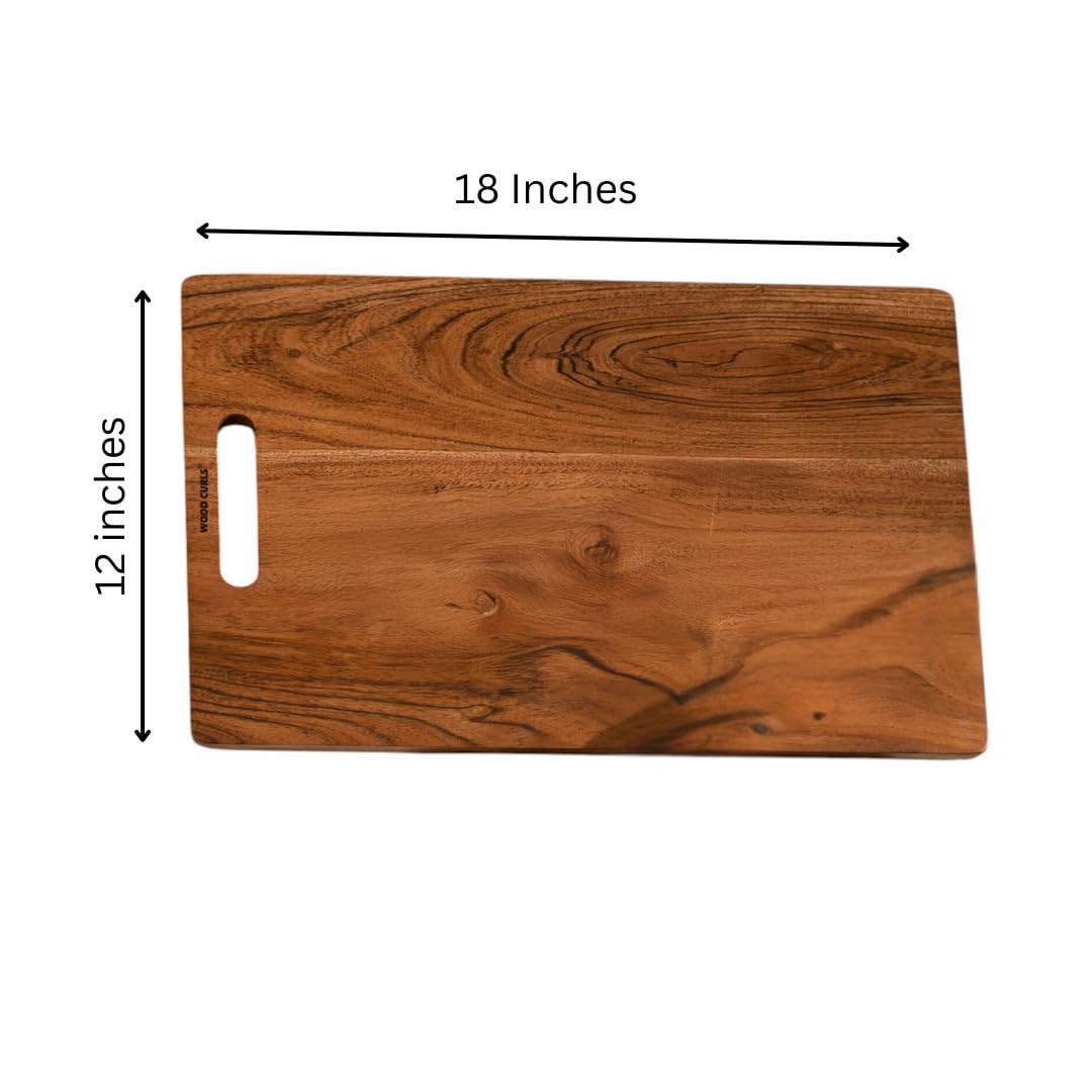 WOOD CURLS Terra rectangular wooden chopping board with natural grain, handle, and 18 by 12 inch dimensions.