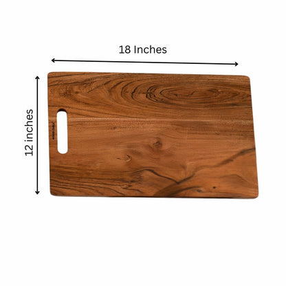 WOOD CURLS Terra rectangular wooden chopping board with natural grain, handle, and 18 by 12 inch dimensions.