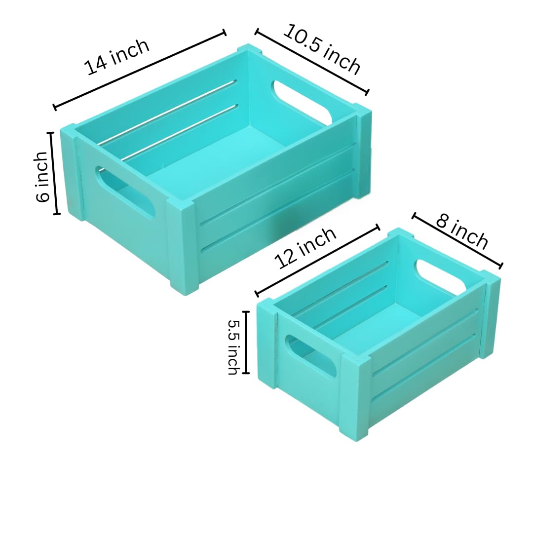 WOOD CURLS set of two turquoise wooden nesting storage crates with handles and slatted sides for home organization.