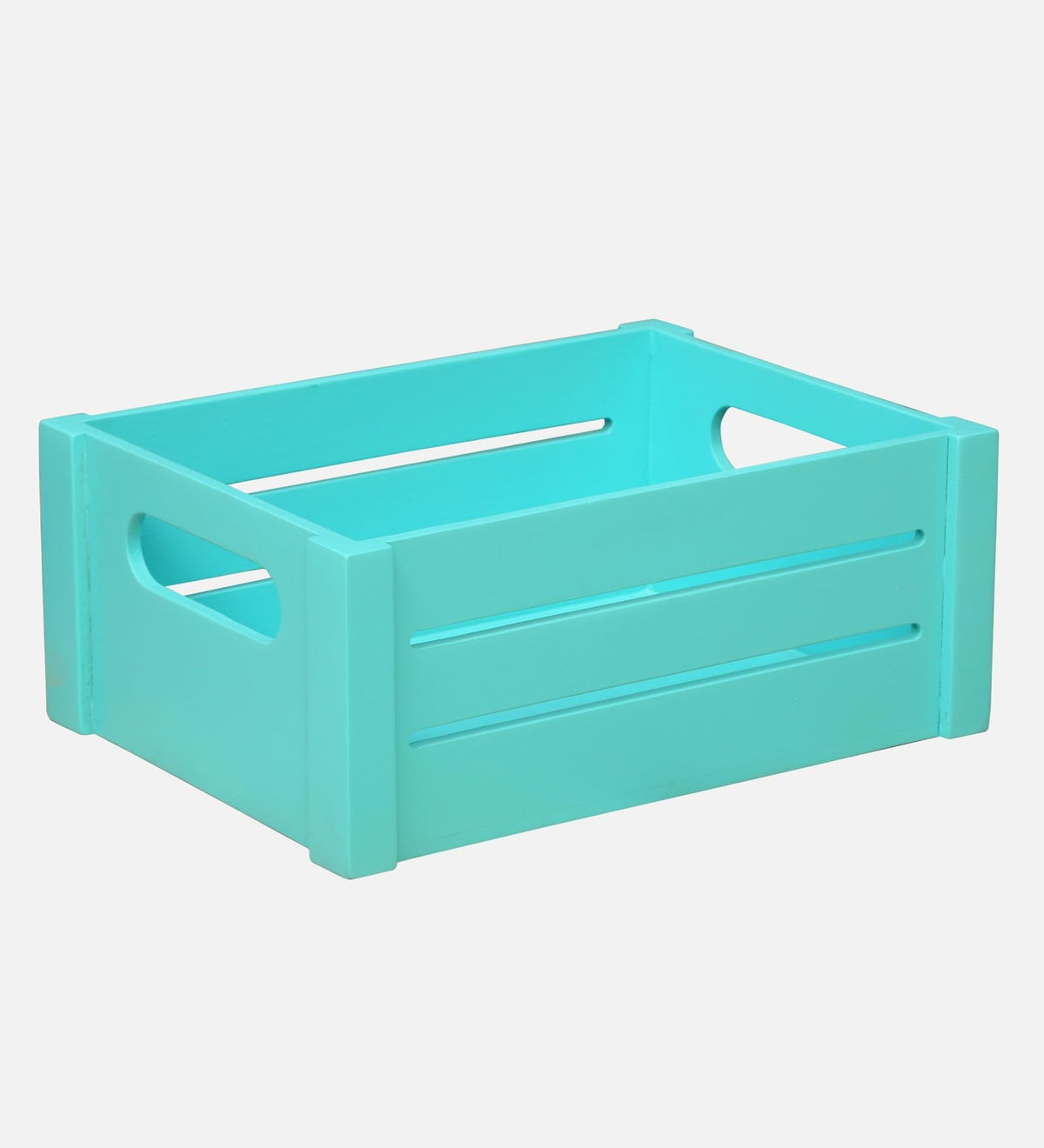 WOOD CURLS turquoise wooden storage crate with slatted sides and built-in handles for rustic home organization