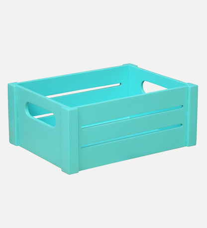 WOOD CURLS turquoise wooden storage crate with slatted sides and built-in handles for rustic home organization
