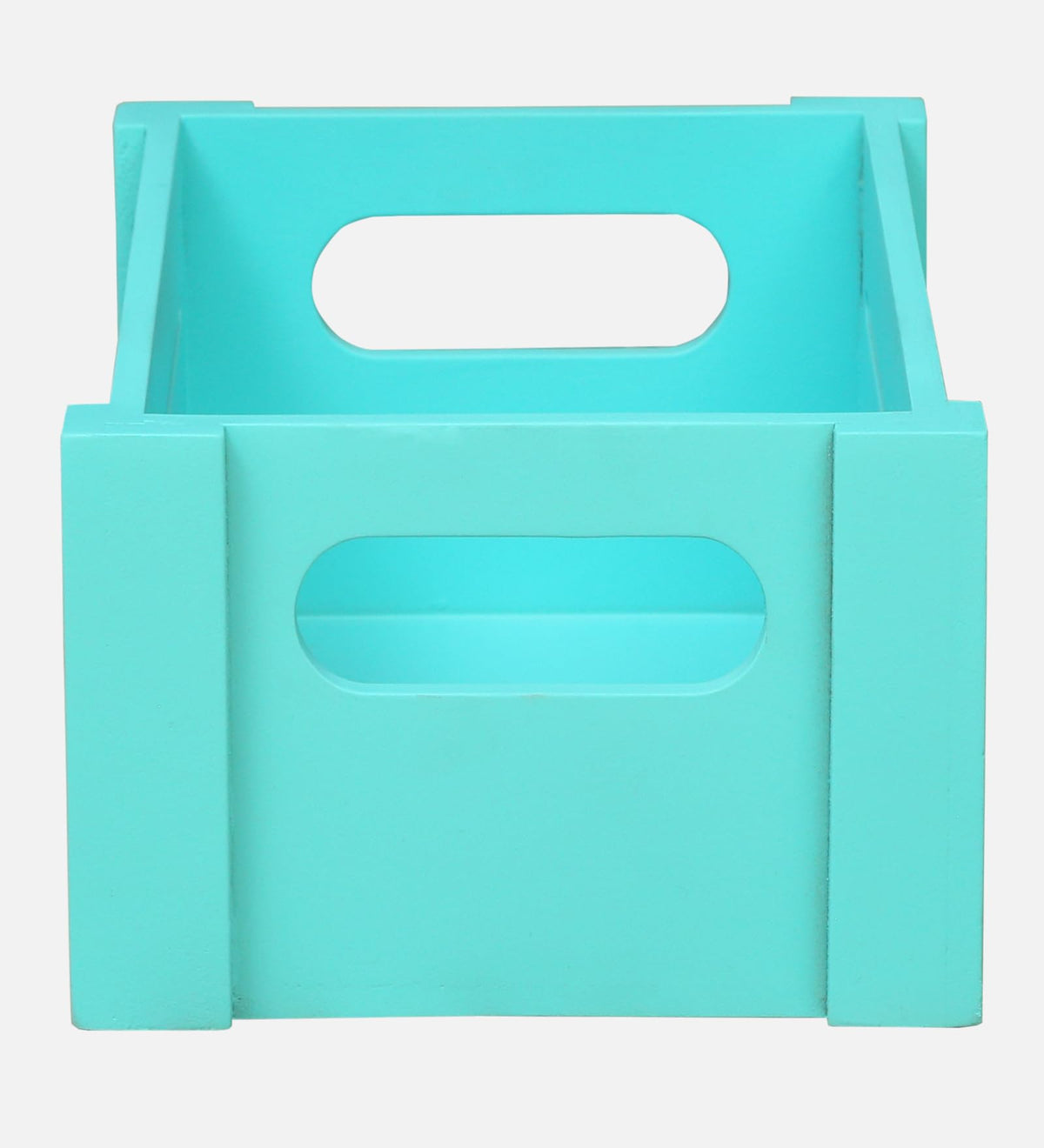 WOOD CURLS turquoise wooden storage crate with built-in handles and rustic slatted design for home organization