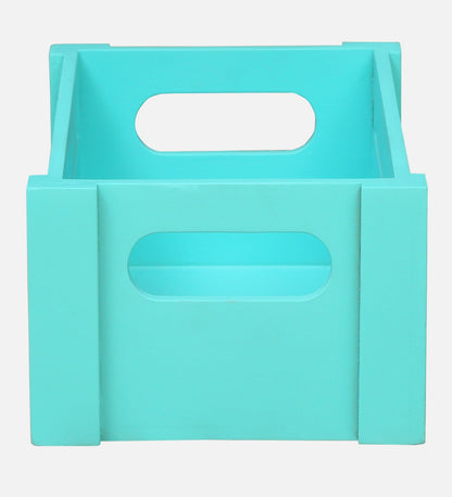 WOOD CURLS turquoise wooden storage crate with built-in handles and rustic slatted design for home organization