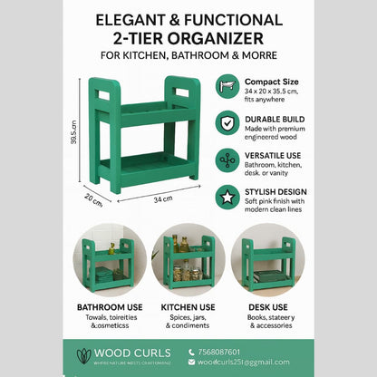 WOOD CURLS 2-tier turquoise wooden countertop storage rack for kitchen, bathroom, and office organization.