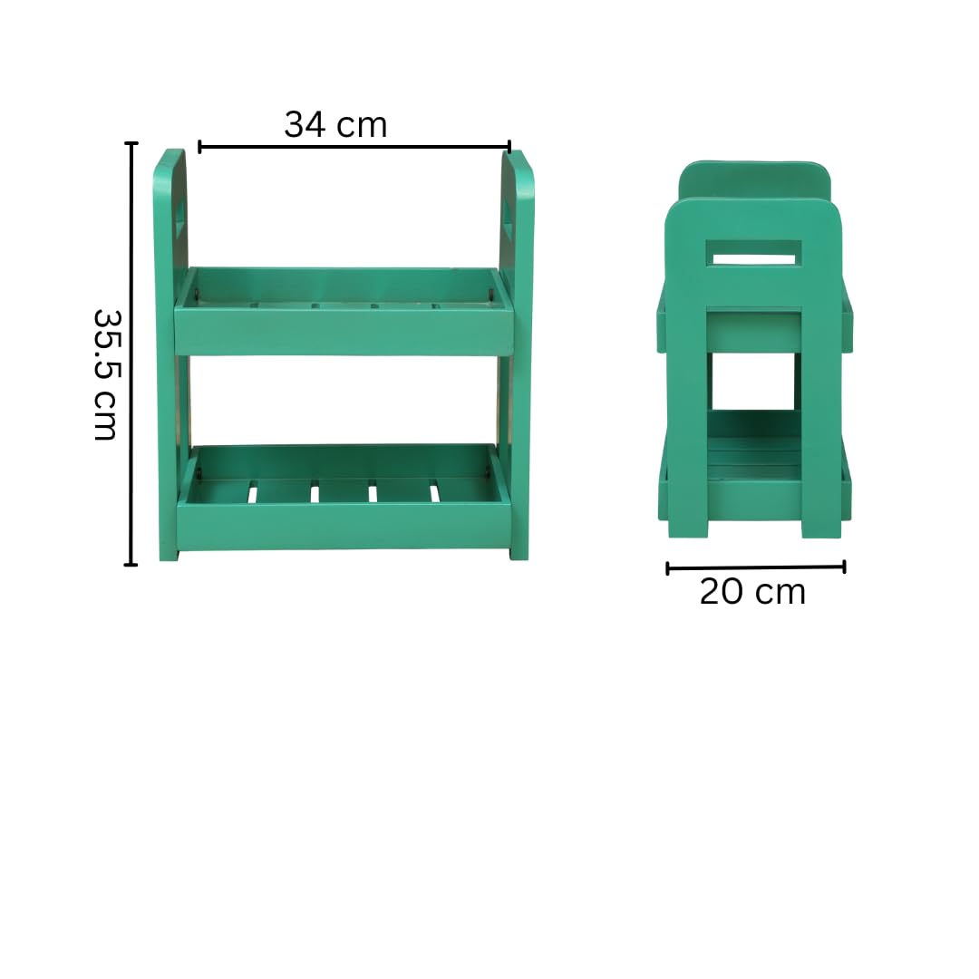 WOOD CURLS 2-tier turquoise wooden countertop storage rack showing front and side dimensions for kitchen or bathroom