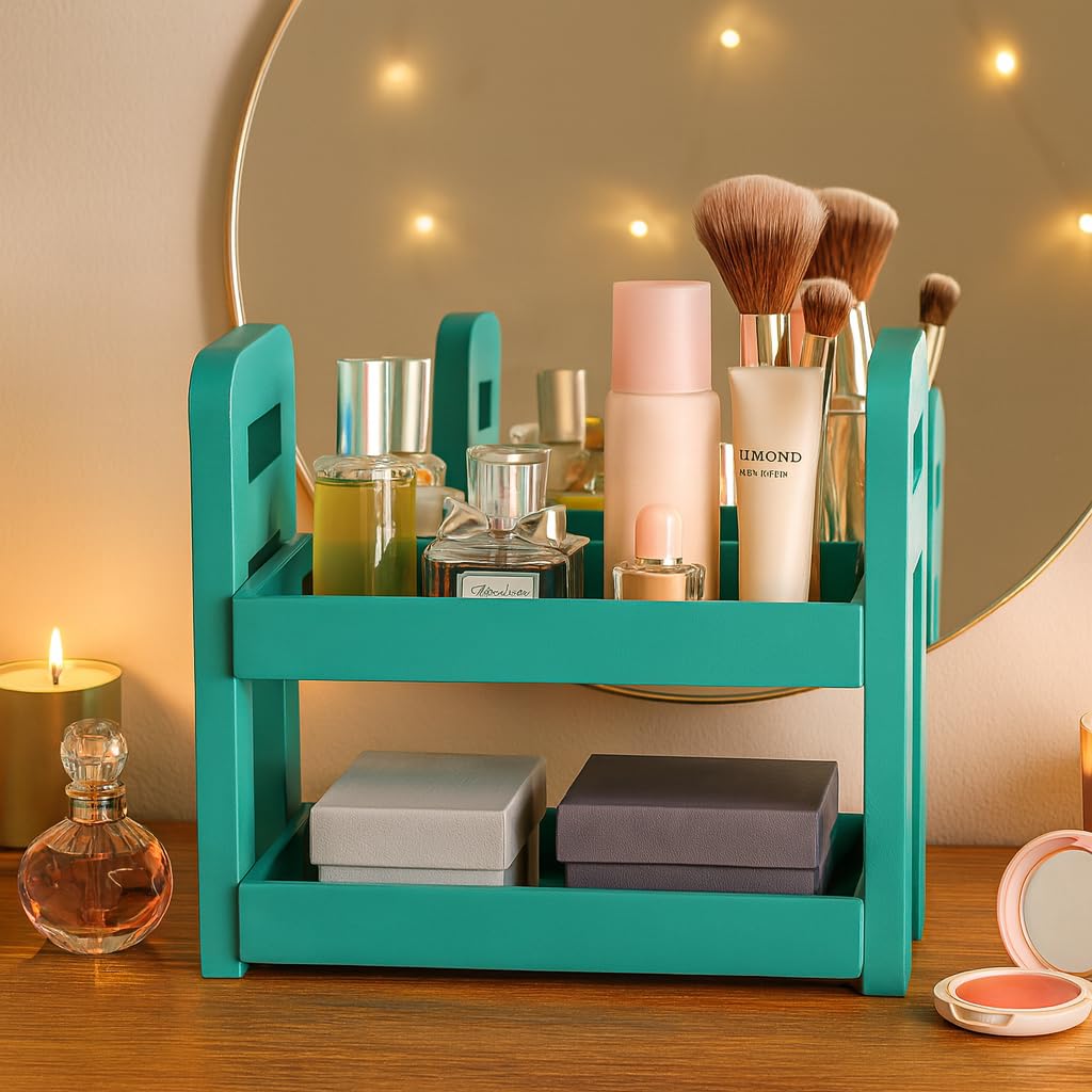 WOOD CURLS turquoise 2-tier wooden countertop storage rack holding cosmetics and perfume bottles on a vanity table